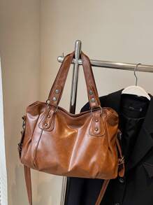 1 件复古大容量手提包，复古 PU 单肩斜挎包，女士休闲手提包和钱包 - 棕色 - 查看 8