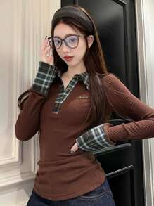 女士二合一格子拼接 Polo 领长袖拉绒修身打底衬衫