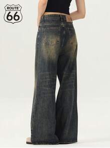 Route66 男女休闲宽松直筒阔腿牛仔裤带斜口袋，美式复古水洗效果长裤 - 藍色 - 查看 5