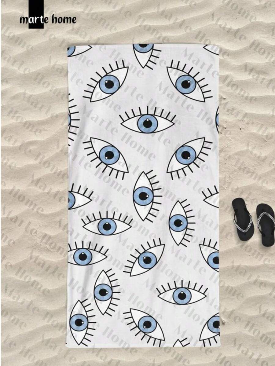 Printed Beach Towel - Blue and White - View 1