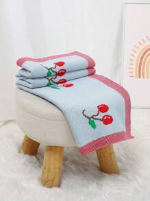 Infant Knitted Blanket With Cherry Brocade Pattern, Children Quilt, Baby Swaddle Wrap - Baby Blue - View 2