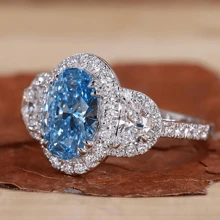 925 纯银奢华闪亮椭圆形海蓝色方晶锆石戒指，适合约会、派对、生日、情人节的女性礼物，高级珠宝