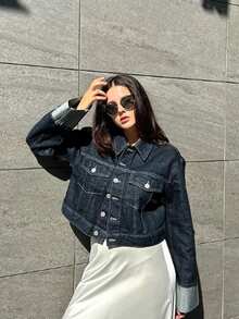 Áo khoác denim ve dài tay thời trang nữ - Màu xanh hải quân - Xem 3