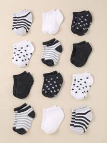 12 双男婴幼儿圆领袜子可爱恐龙条纹袜子 - 彩色 - 查看 1