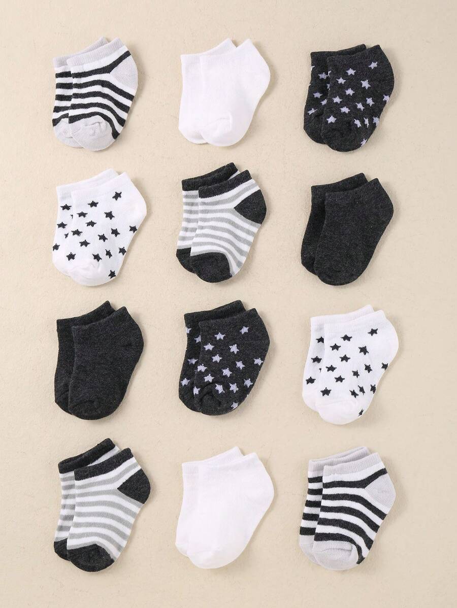 12 双男婴幼儿圆领袜子可爱恐龙条纹袜子 - 彩色 - 查看 1