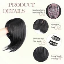 Pieza superior sintética con flequillo de cortina y raya al medio - Flequillo con clip invisible para cubrir el cabello ralo y línea del cabello, apariencia natural para peinado diario y aumento instantáneo de volumen, extensión de cabello con clip para mujeres