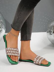 New Plus Size Women Square Toe Pearl Leather Flat Slippers Sandals, Casual Fashion Outdoor Beach Wear Summer Shoes