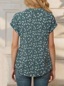 Women's Short Sleeve Casual Printed Lapel Shirt Work Shirt Top - 綠色 - 查看 2