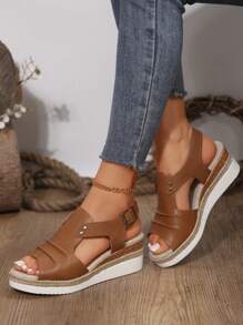 Plus Size Mulheres Plataforma Cunha Salto Alto Peep-Toe Sandálias Casuais, Primavera/Verão