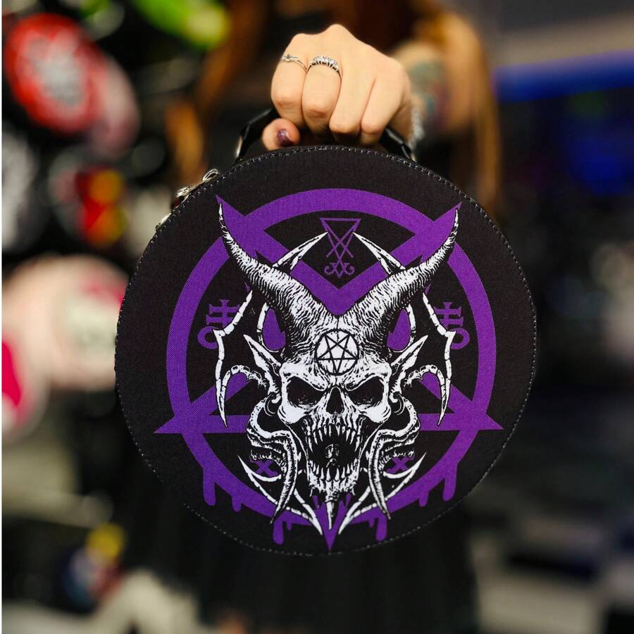 Bolso redodndo con diseño de cara de diablo enojado con correa ajustable - Morado - Ver 1