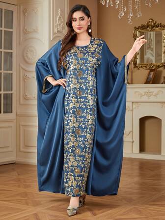 Abaya 时尚亮片刺绣蝙蝠袖宽松腰连衣裙