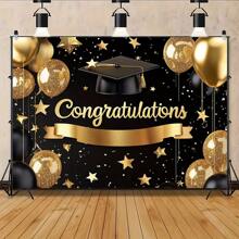 1 PC, Polyester Fiber Graduation Party Banner, Black And Gold Congratulatory Background Board, Multifunctional Room And Entrance Decoration, No Electricity Required, Suitable For All Seasons