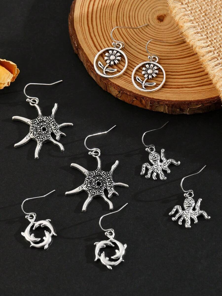 4 对复古波西米亚风格仿旧花朵、章鱼、海豚耳环套装，女士休闲百搭日常佩戴耳环 - 復古銀色 - 查看 1