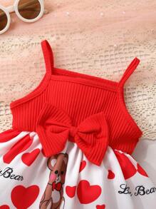 2pcs Set Casual Elegant Sweet Cute Baby Girl Outfit, Soft Comfortable Heart Elephant & Cartoon Bear Print Bow Strap Princess Dress, Baby Girl Dress, Toddler Girl Clothing, Suitable For Daily Use, Vacation, Party, Photo Shoot