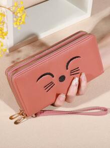 可爱猫咪印花钱包 女式仿皮 带卡槽和拉链口袋 双拉链卡包 钱包 钱夹 长款钱包 钱包 腕包 - 彩色 - 查看 7