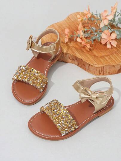 1 par de sandálias rasteiras brilhantes com nó de laço para crianças, estilo princesa confortável, calçados esportivos infantis respiráveis, tênis casuais da moda, adequados para primavera/outono, viagens, férias, casa, praia, fotografia