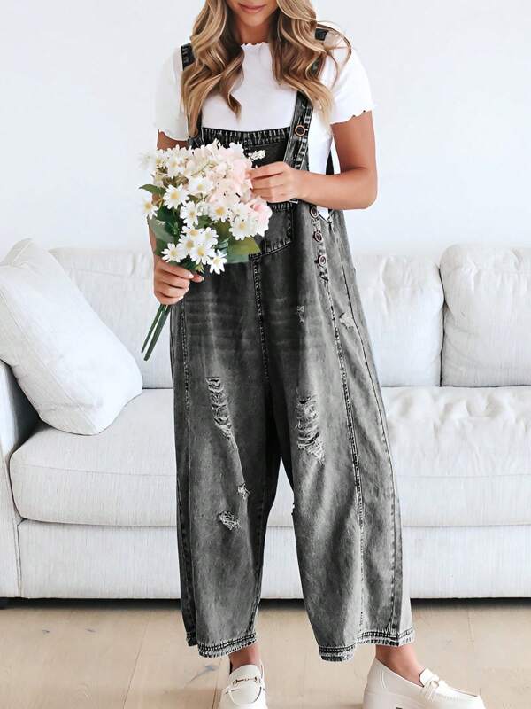 Women's Casual Denim Overall Jumpsuit  Loose Adjustable Shoulder Straps Make Old Denim Cargo Belt Pockets