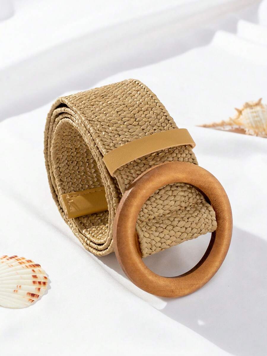 1 件女士木扣弹力腰带，适合海滩度假夏季、学校秋季、秋季、万圣节 - 卡其色 - 查看 1