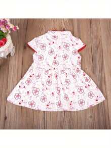 Girls Kids Chinese Qipao Dress Summer Short Sleeve Floral Print Pleated Tutu Dress Classical Dress Outfit Set Cloths - Đỏ - Xem 2