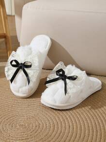 女士可爱蕾丝蝴蝶结拖鞋,舒适轻便室内保暖毛绒便鞋,秋冬 - 黑色 - 查看 2