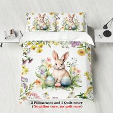 Juego de Edredón de 3 Piezas con Tema de Pascua con Estampados de Conejo, Floral y Huevos de Pascua (1 Edredón + 2 Fundas de Almohada; Sin Relleno), Un Juego de Ropa de Cama Suave y Cómodo Adecuado para Decorar Habitaciones de Hombres y Mujeres, Dormitorios y Hoteles de Negocios - KKL-SJT0408 - Ver 4