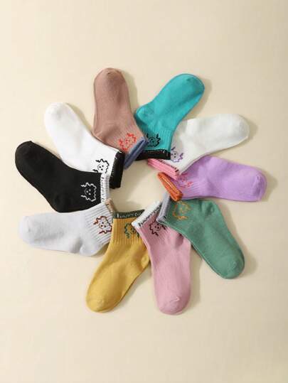 10 件套波尔卡圆点条纹纯色舒适中筒袜，适合儿童，春夏