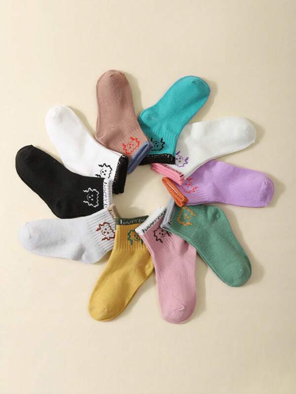 Set de 10 pares de calcetines cómodos de media pantorrilla con lunares y rayas de unicolor para niños, para primavera/verano
