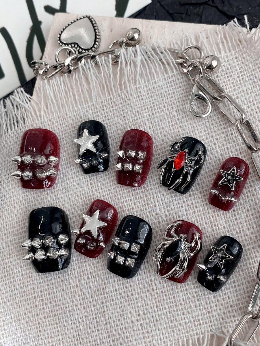 10 Pieces Of Short Coffin Armor With Black Rivets, Spider, Dark Punk Style, Wearable Armor, Detachable Fingernails, Fake Pieces, Fully Covered Nail Kit Suitable For Office Workers, Students, Parties, Girls, All Seasons, Daily Wear, Press On, Reusable Nail Supplies Nails
