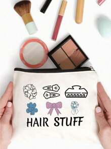 带定位印花的女士发饰收纳包 - 无香型多功能化妆包，可存放发带、发夹、发带 - 非常适合旅行、新娘派对和伴娘礼物 - 米色 - 查看 4