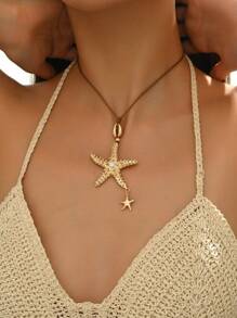 1 pièce Collier pendentif en forme d'étoile de mer liée au style de plage exagéré, mode personnalisée. Collier en cordon de cire coréen, polyvalent pour la vie quotidienne, les fêtes et les vacances à la plage