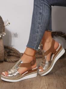 Plus Size Women Platform Wedge Casual Sandals Open Toe, Spring/Summer - Silver - View 3