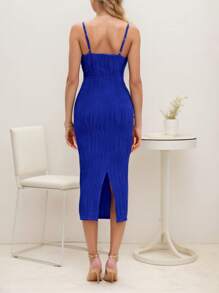tooluck Women's Sexy Midi Bodycon Dress Spaghetti Strap Sleeveless Knit Party Tight Fitted Dresses - 藏蓝色 - 查看 2