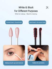 Cofoe 300支装四合一四头清洁棉签（螺旋头/耳勺头/尖头/圆头）一次性化妆棉棒，耳鼻清洁棉签，化妆品，便宜，房间装饰，梳妆台，旅行，卧室，化妆配件，便宜，圣诞礼物，化妆品，化妆工具，便宜货，礼物，女士礼物，圣诞礼物 - 黑與白 - 查看 7