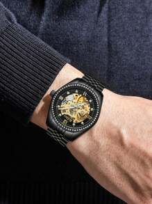 BIDEN 1 件男士腕表，自动机械商务休闲腕表，防水夜光不锈钢表带，男士钻石镂空腕表 - 均碼 - 查看 8