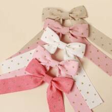 5入組女童金點絨織繡帶長尾髮夾,帶蝴蝶結,適用於馬尾髮型 - 粉色 - 查看 2