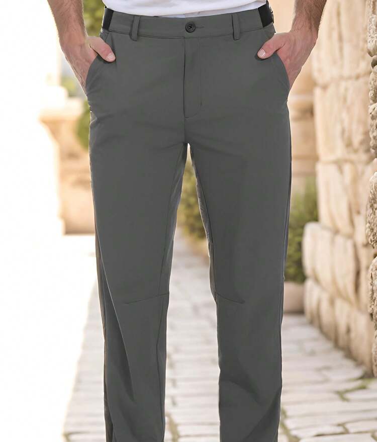 2 Pack Men's Classic Fit Solid Color Fashion Flat Front Dress Pants With Strap Pockets - Màu xám đen - Xem 4