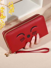 可爱猫咪印花钱包 女式仿皮 带卡槽和拉链口袋 双拉链卡包 钱包 钱夹 长款钱包 钱包 腕包 - 彩色 - 查看 9