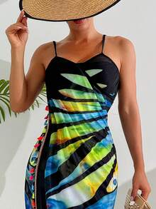 女士泳衣罩衫，波西米亚风格网眼蝴蝶印花沙滩裙，涤纶和氨纶混纺透明面料 - 性感透明围巾，透气夏季披肩，带有彩色流苏，适合泳池、海滩、度假