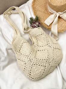 Handmade Crochet Hollow Tote Bag, Large Capacity, Pure Handwoven, Suitable For Summer Beach Vacation, Travel, Sweet Lady Bag, Beach Necessities, Beach Essentials,Beach Stuff & Summer Essentials, Newest Holiday Bag