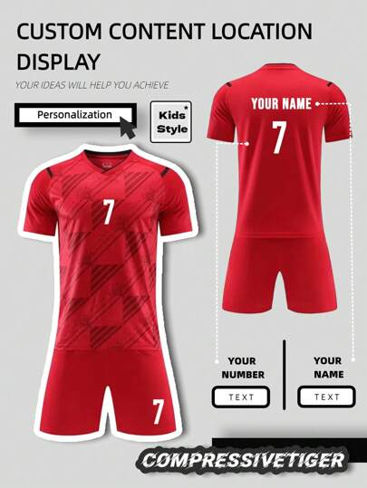 2pcs Boy's Personalized Soccer Jersey - Customizable Name And Number Print Stripe Decor Short Sleeve T-Shirt + Shorts Co-Ord Quick-Drying Sweat-Absorbing Sports Set As Gift, Multi-Functional, Ornamental, Letter, Stylish, Modern, Colorful, Cute, Adorable, Casual, Custom, Personalized, Unique, Customized, Ideal Gifts For Him, Ideal Gifts For Her