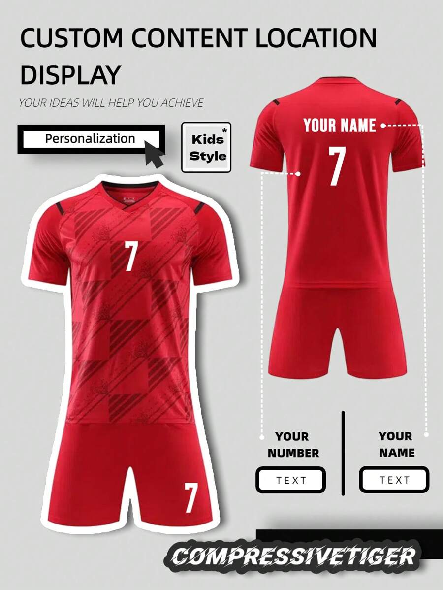 2pcs Boy's Personalized Soccer Jersey - Customizable Name And Number Print Stripe Decor Short Sleeve T-Shirt + Shorts Co-Ord Quick-Drying Sweat-Absorbing Sports Set As Gift, Multi-Functional, Ornamental, Letter, Stylish, Modern, Colorful, Cute, Adorable, Casual, Custom, Personalized, Unique, Customized, Ideal Gifts For Him, Ideal Gifts For Her - Red - View 1