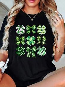 Coquette Bow St Patrick's Day Lucky Irish Shamrock Clover T-Shirt, Casual Crew Neck Short Sleeve Comfort Tee Top For Spring & Summer, Women's Clothing.Jpg - 黑色 - 查看 1