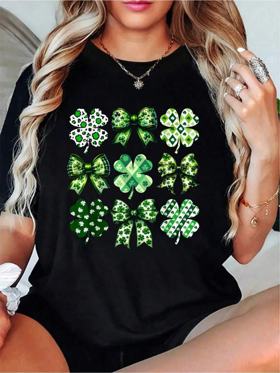 Coquette Bow St Patrick's Day Lucky Irish Shamrock Clover T-Shirt, Casual Crew Neck Short Sleeve Comfort Tee Top For Spring & Summer, Women's Clothing.Jpg - 黑色 - 查看 1