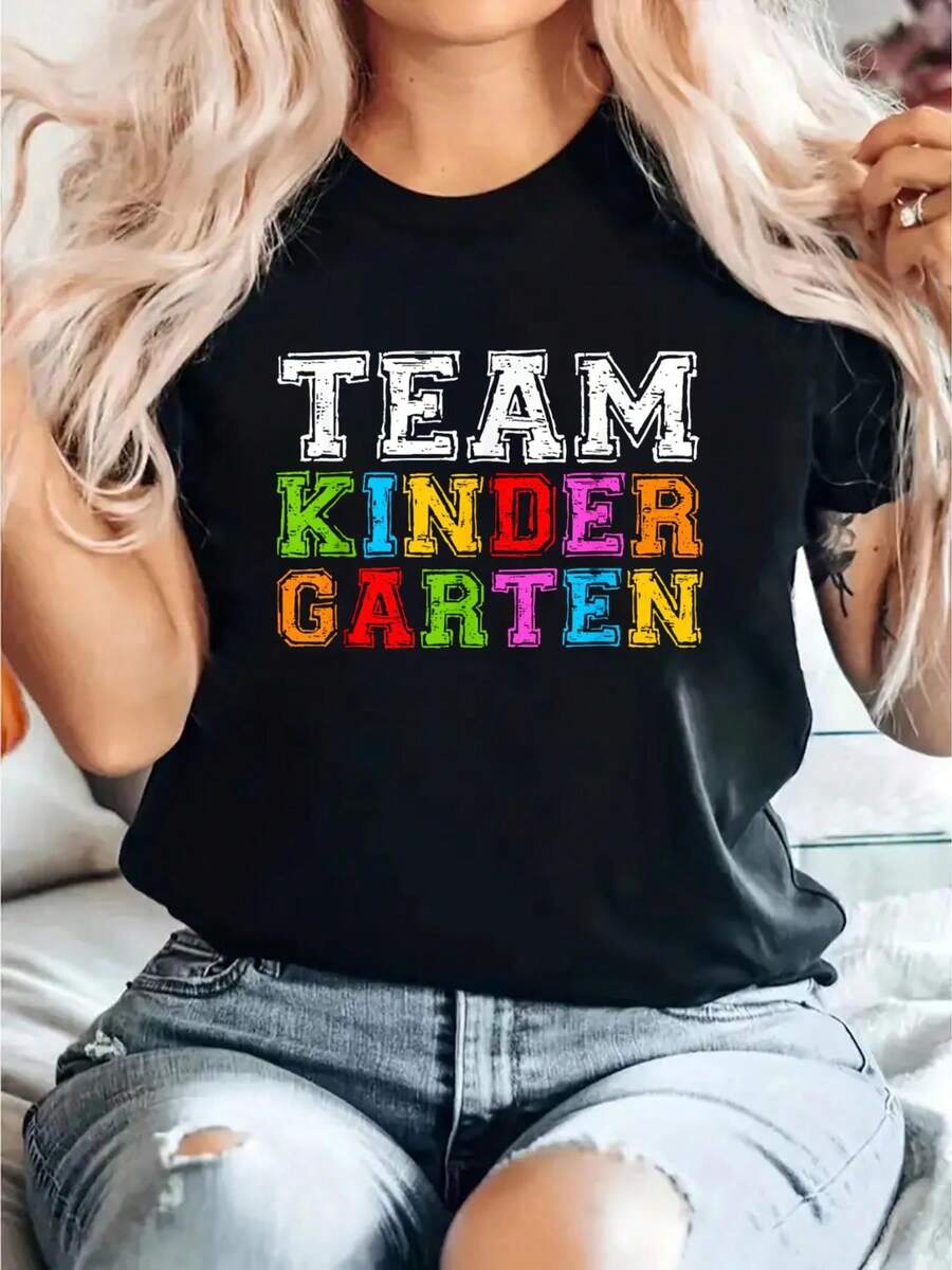 Team Kindergarten Teacher T-Shirt Graduation Print T-Shirt, Casual Crew Neck Short Sleeve Comfort Tee Top For Spring & Summer, Women'S Clothing - Black - View 1