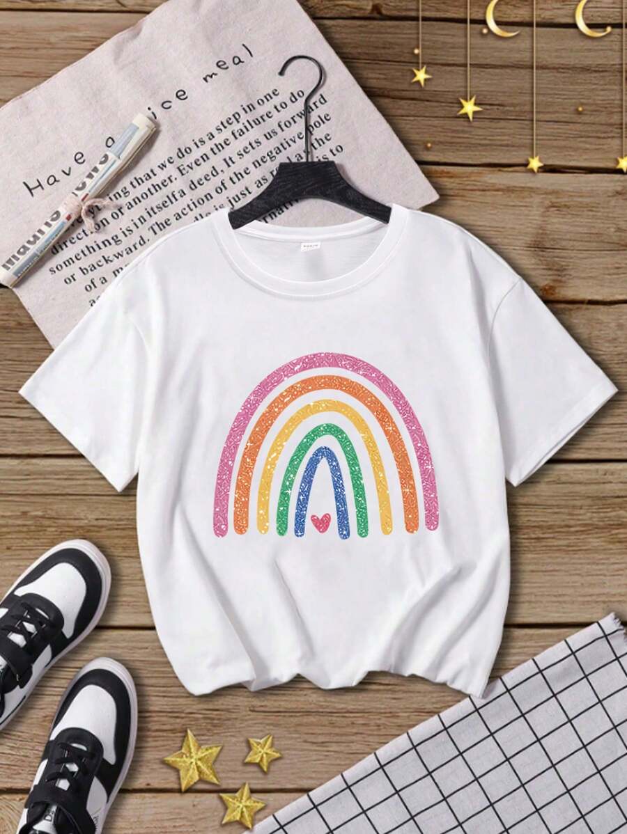 Young Girl's Rainbow Print Round Neck Short Sleeve Tee Spring And Summer Casual T Shirt For Young Girl - White - View 1