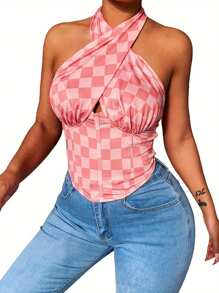 Women Halter Tank Tops With Hollow Chest, Skinny Fit Geometry Pattern Summer Clothing - Pink - View 5