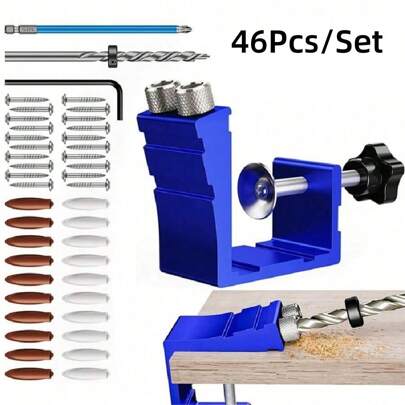 46PCS/Set Pocket Hole Jig Kit 15 Degree Woodworking Inclined Hole Jig Drive Adapter For Woodworking Angle Drilling Holes, Angle Carpentry Locator Jig