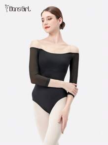 DonsGirl 女式七分袖性感露肩连体衣，撞色网眼拼接芭蕾舞蹈紧身衣，性感甜美女孩瑜伽运动紧身衣表演服