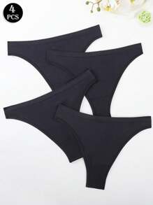 HANQIYA 4pcs Women's Plus Size Black Solid Color Thong Panties, Elegant & Simple, Moisture-Wicking & Breathable