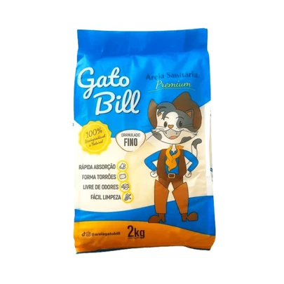 AREIA HIGIENICA GATO BILL PREMIUM 2,0 KG GRÃOS FINOS OU MÉDIOS MILHO E MANDIOCA